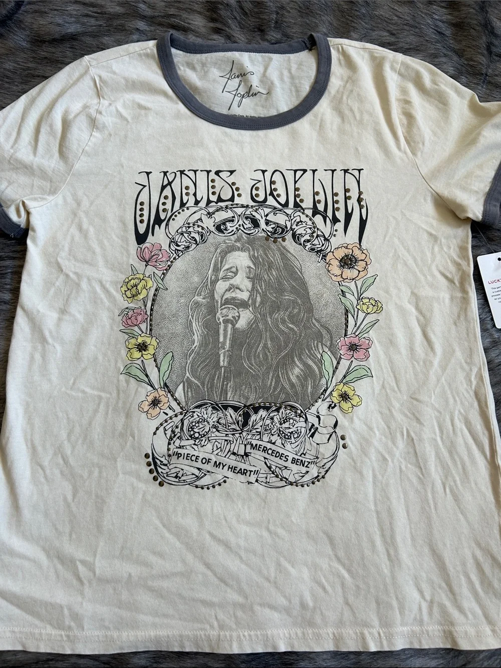 NWT Lucky Brand Floral Janis Joplin Graphic Ringer T-Shirt Small